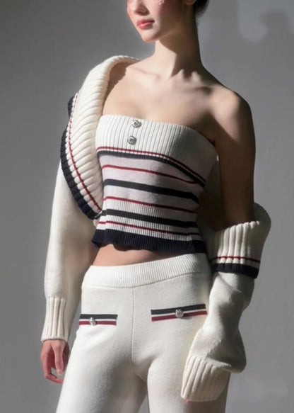 Novelty White Striped Patchwork Cotton Knit Cardigans, Top and Straight Pantstwo Pieces Sets Fall