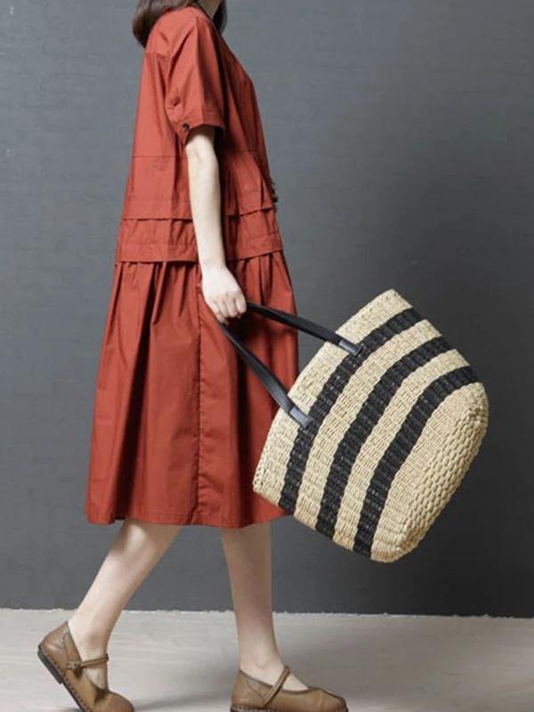Italian O Neck Pockets Cotton Clothes for Outfits Red Dress