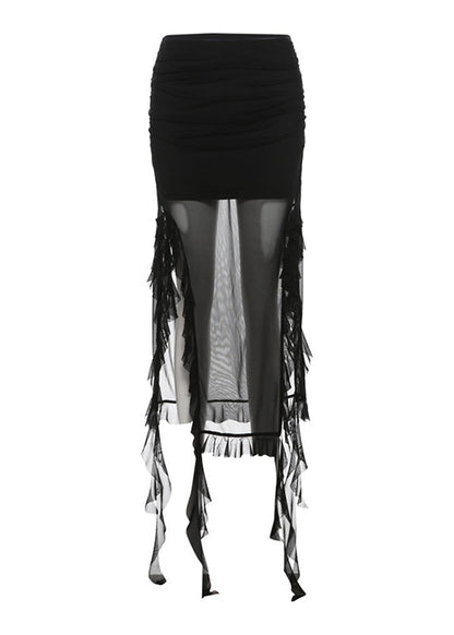 Black Ruffled Patchwork Side Open Tulle Skirts Summer