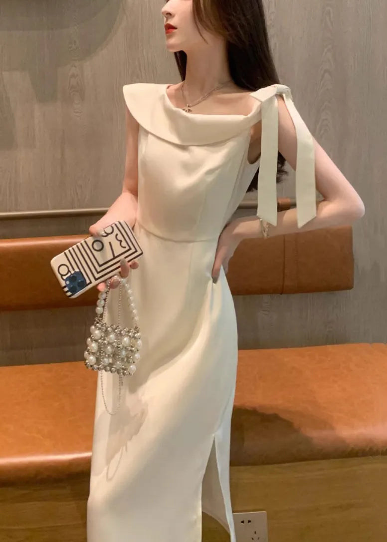 Beige Lace Up Side Open Cotton Dresses Summer
