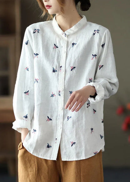 White Peter Pan Collar Embroidered Patchwork Linen Top Spring