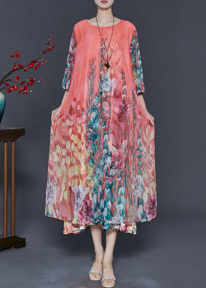 Diy Pink Oversized Print Chiffon Long Dress Bracelet Sleeve