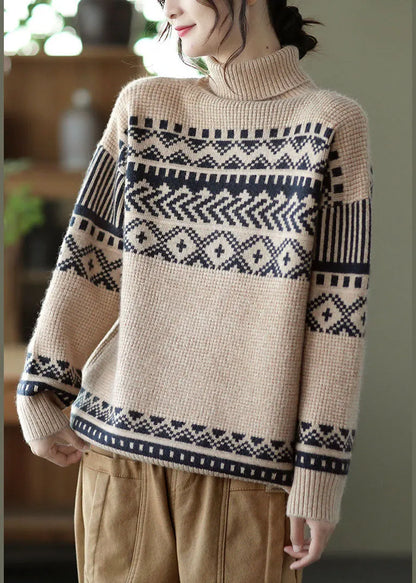 Handmade Apricot Turtle Neck Thick Print Knit Pullover Spring