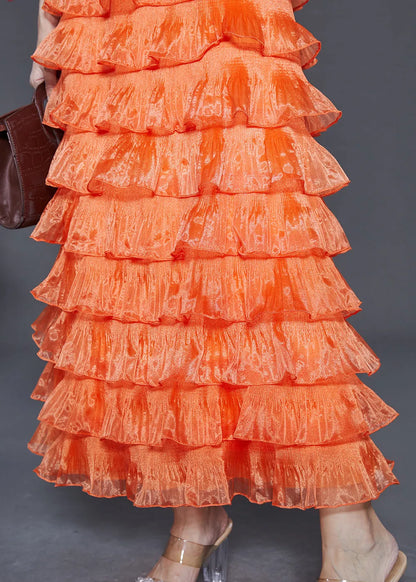 Orange Ruffled Patchwork Layered Organza Dresses Summer