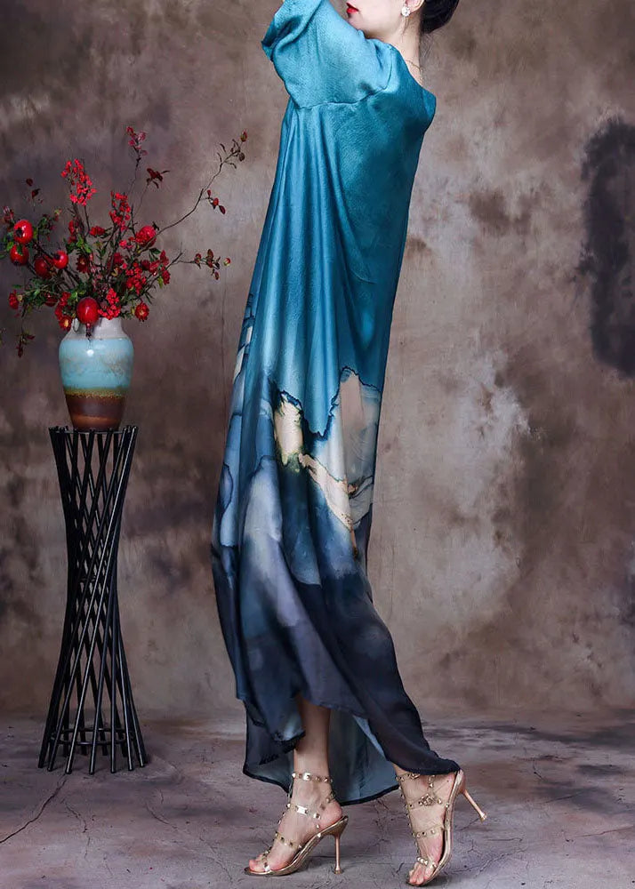 Blue O-neck Layered Design Print Silk Dresses for Bracelet Sleeve