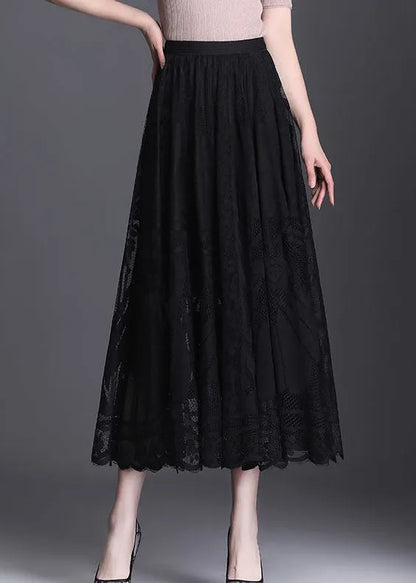 Fine Black Wrinkled Patchwork Hollow Out Lace Skirt