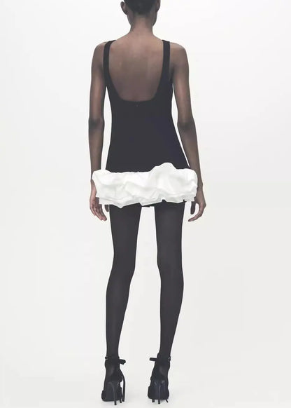 Slim Fit Black Ruffled Patchwork Cotton Mini Dress Sleeveless
