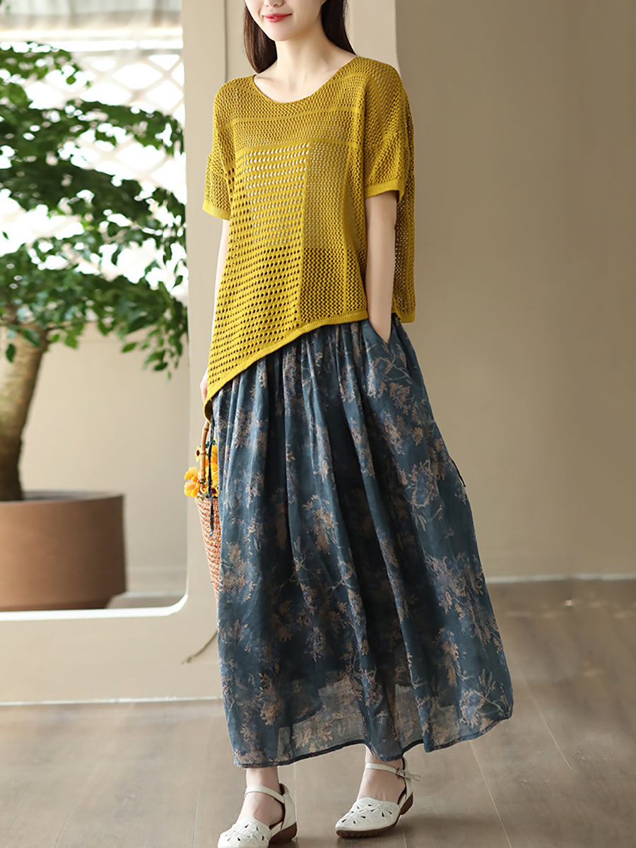 Summer Artsy Drawstring Loose Ramie Skirt