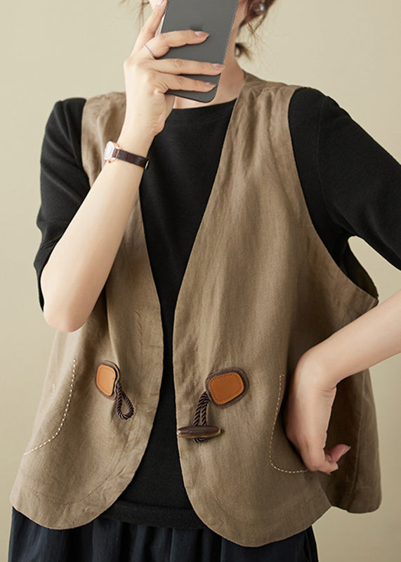 Khaki V Neck Horn Button Cotton Vest Sleeveless