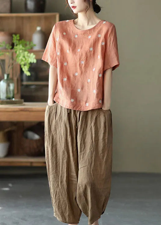 Orange Embroidered Linen Blouses Top Short Sleeve