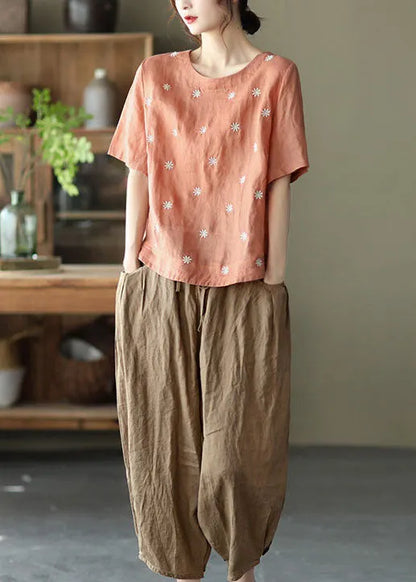 Orange Embroidered Linen Blouses Top Short Sleeve