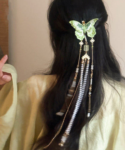 Chinese Style Green Copper Butterfly Embroidery Beading Tassel Hairpin
