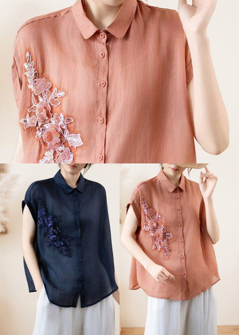 Navy Embroidered Linen Shirt Top Summer