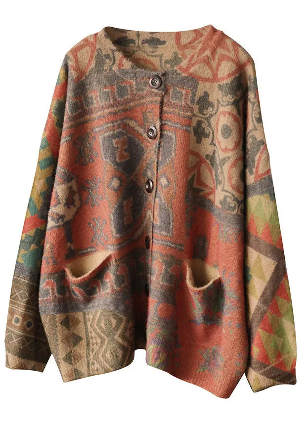 Diy Khaki Loose Knit Print Button Pockets Fall Sweater Cardigans