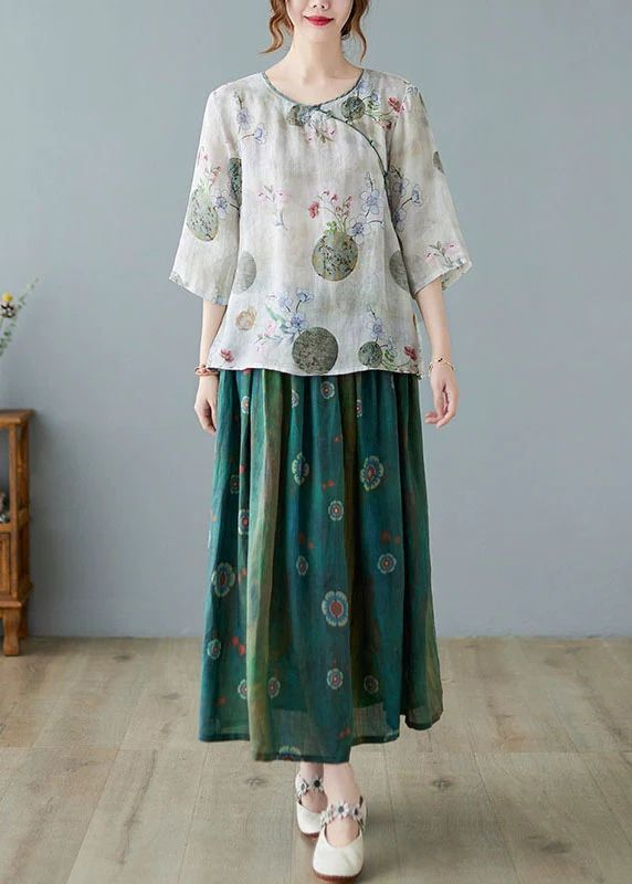 Green Print Ramie Elastic Waist Skirt