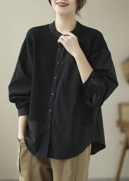 Black O-neck Button Cotton Tops Long Sleeve
