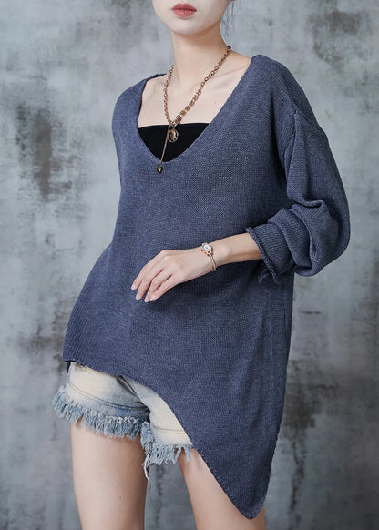 Grey V Neck Asymmetrical Design Knit Sweaters Fall