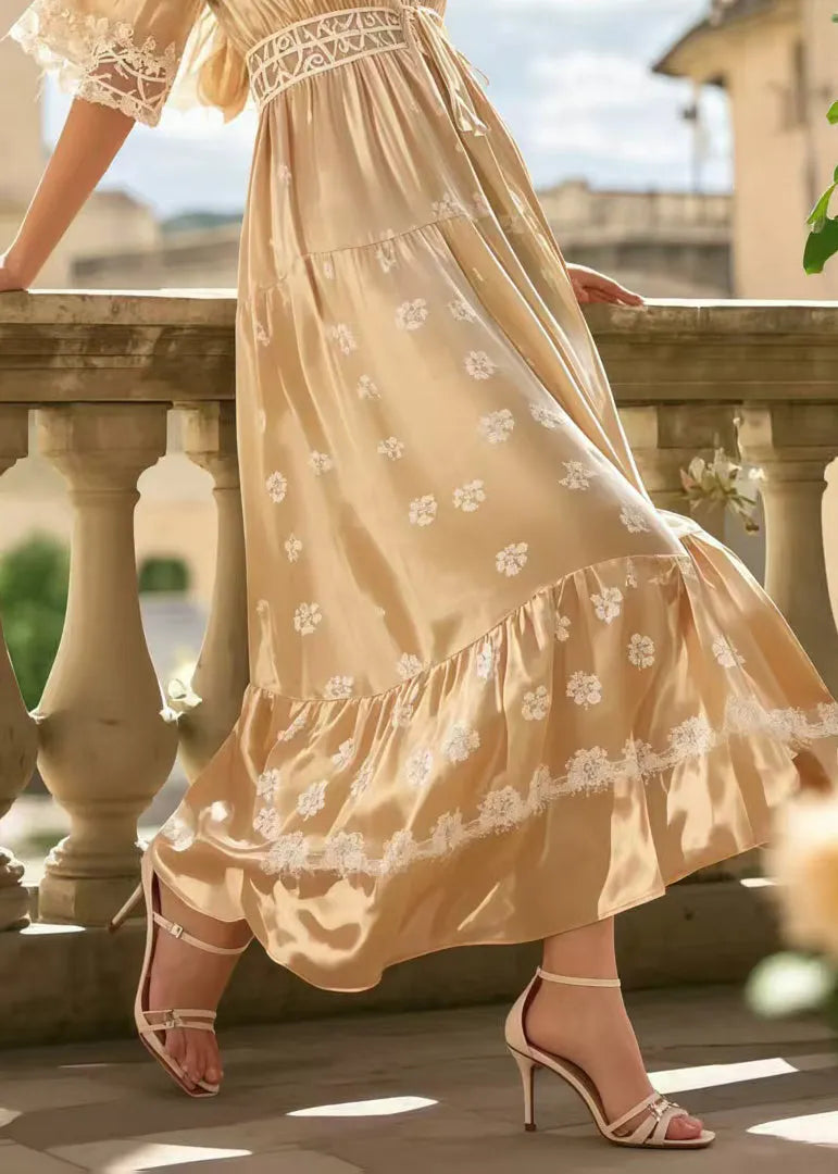 Champagne V Neck Print Silk Long Dress Summer