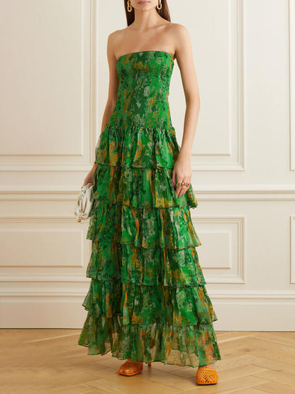 Strapless Layered Bandeau Print Maxi Dress