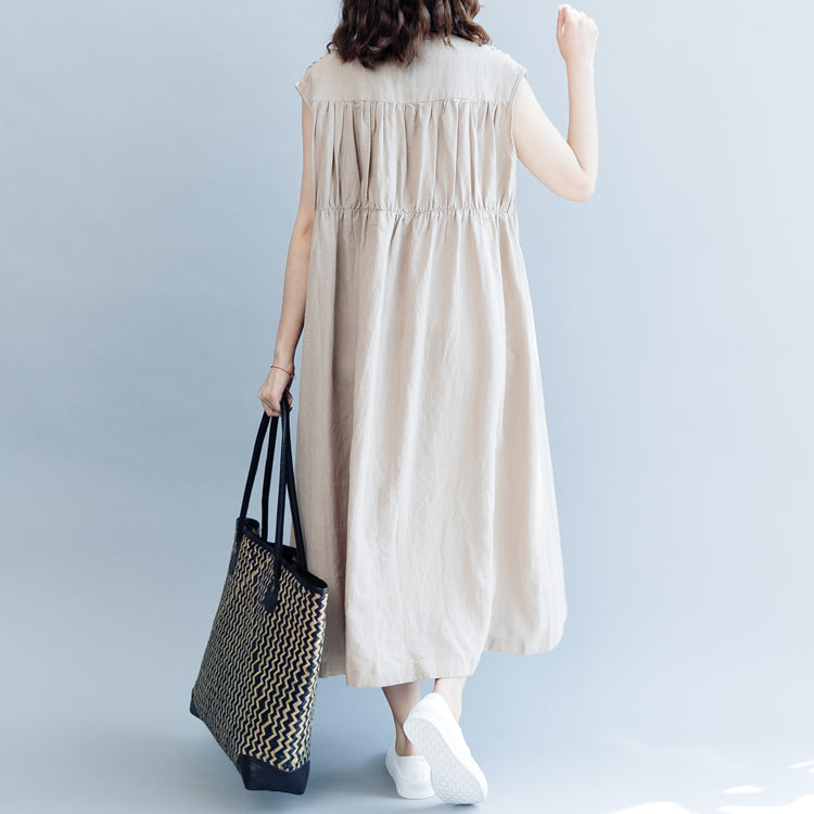 Burgundy Cotton Linen Knee Dress Cotton Linen Clothing Dresses New Sleeveless Cinched V Neck Baggy Dresses