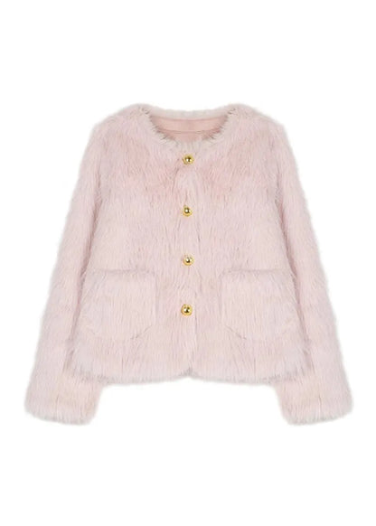 Stylish Pink Pockets Faux Fur Jacket Winter