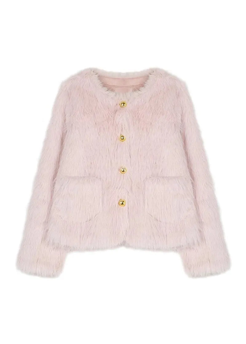 Stylish Pink Pockets Faux Fur Jacket Winter