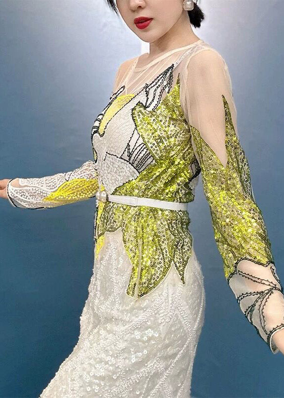 Green O-neck Print Sequins Thin Top Fall