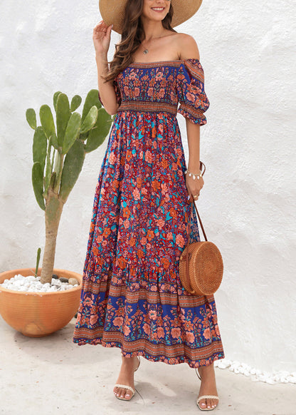 Cold Shoulder Print Wrinkled Cotton Long Dress Summer