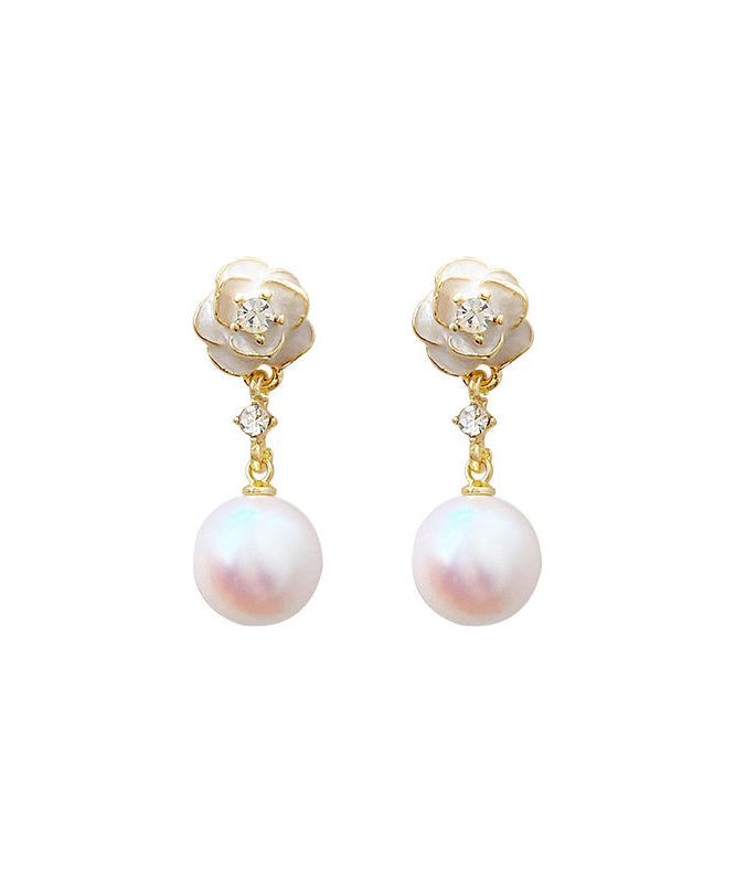 White Copper Alloy Pearl Camellia Drop Earrings