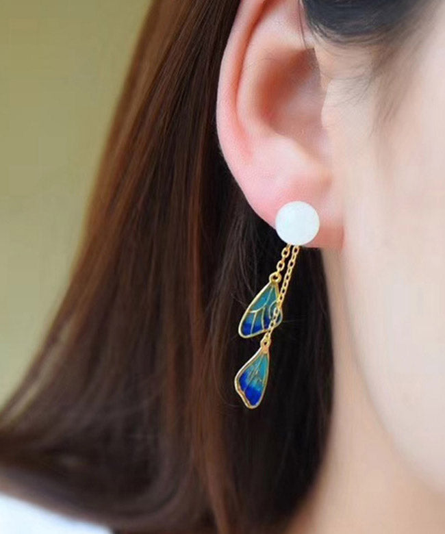 White Sterling Silver Inlaid Jade Enamel Tassel Drop Earrings