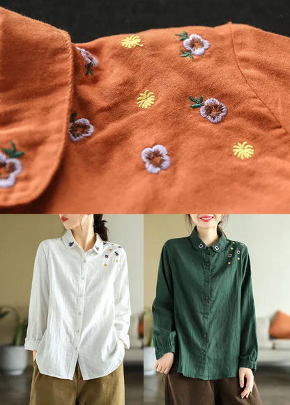 Diy Orange Turn-down Collar Embroidered Cotton Shirts Spring