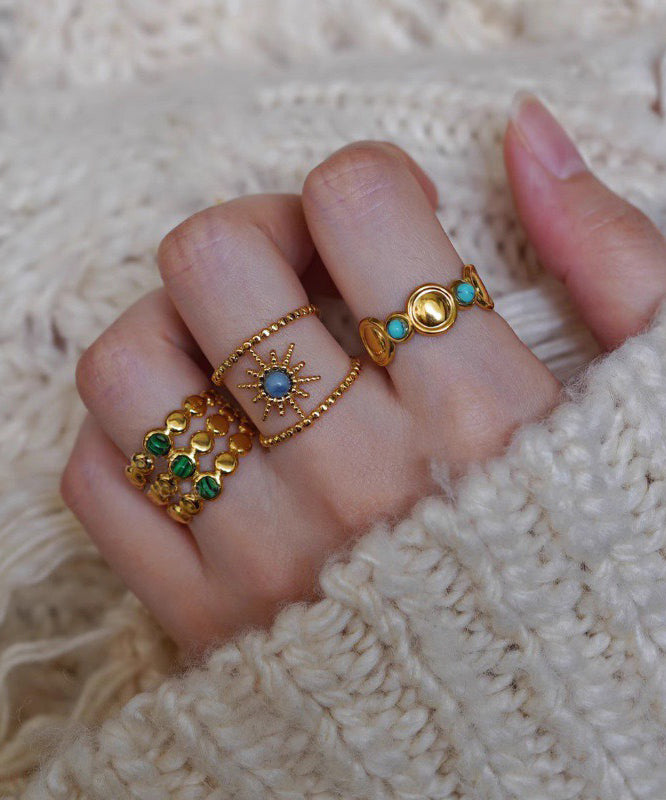 Gold Turquoise Bearded Star Gem Stone Hollow Out Three Piece Set Rings