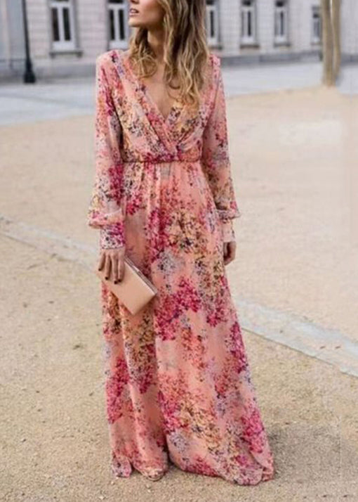 Pink V Neck Print Cotton Long Dress Fall