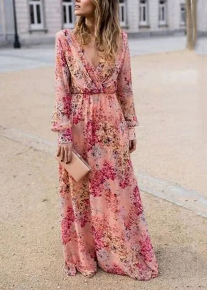 Pink V Neck Print Cotton Long Dress Fall