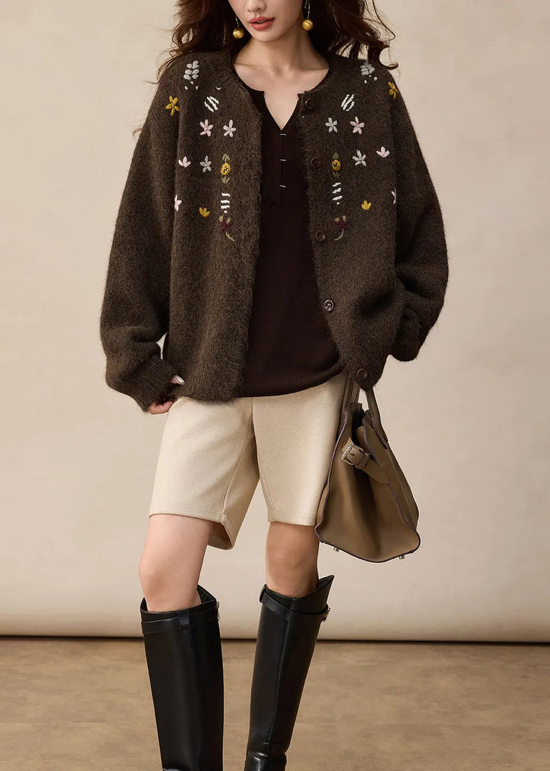 French Brown O Neck Embroidered Button Woolen Cardigans Winter