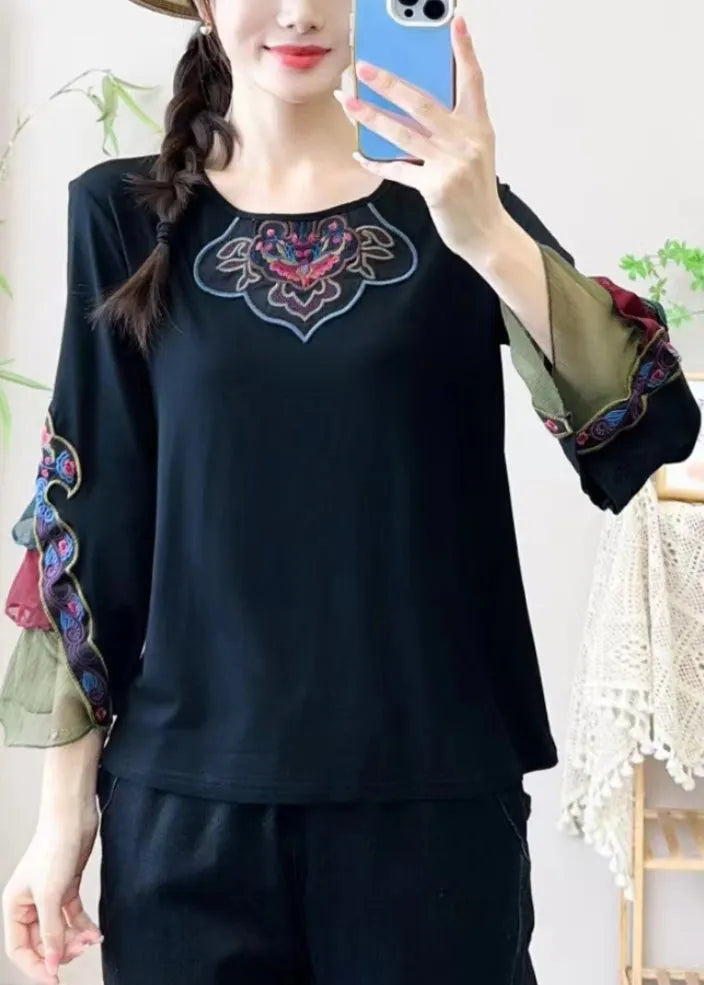 Retro Black Embroidered Tulle Patchwork Shirt Bracelet Sleeve