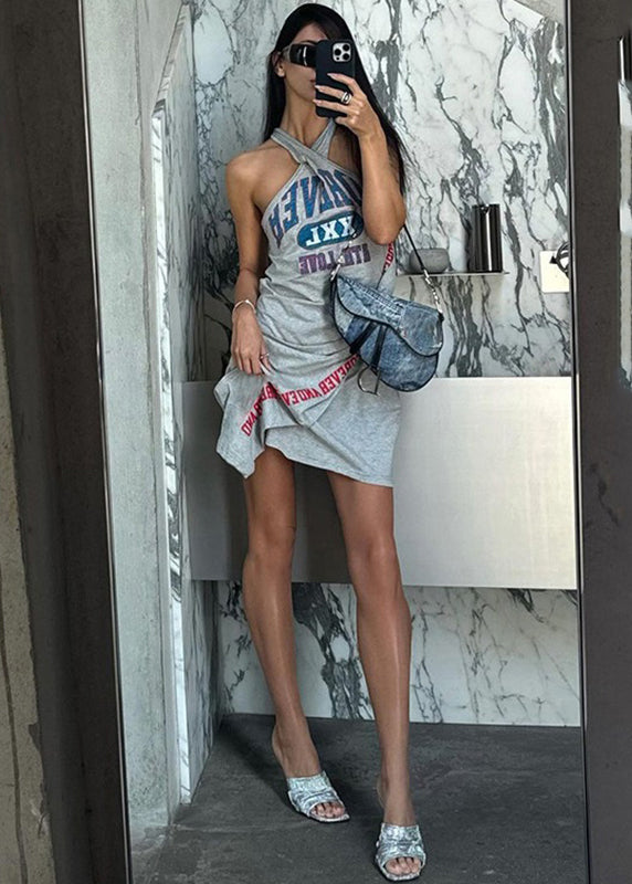 Grey Graphic Hanging Neck Irregular Dress