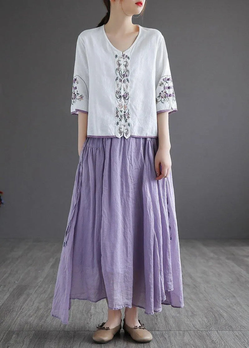 Diy White Button Embroidered Summer Linen Half Sleeve Shirt Top