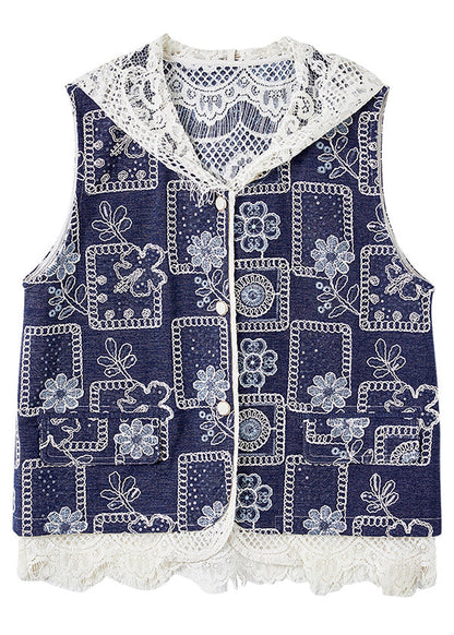 Italian Blue V Neck Print Hollow Out Denim Waistcoat Sleeveless