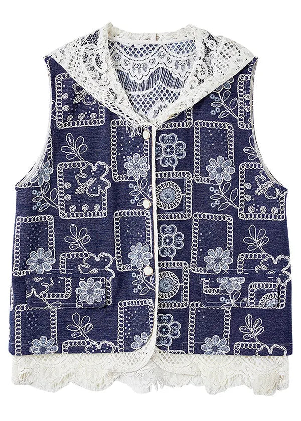 Italian Blue V Neck Print Hollow Out Denim Waistcoat Sleeveless