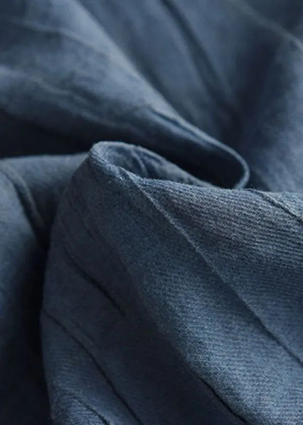 Organic Blue O Neck Wrinkled Patchwork Linen T Shirt Top Short Sleeve