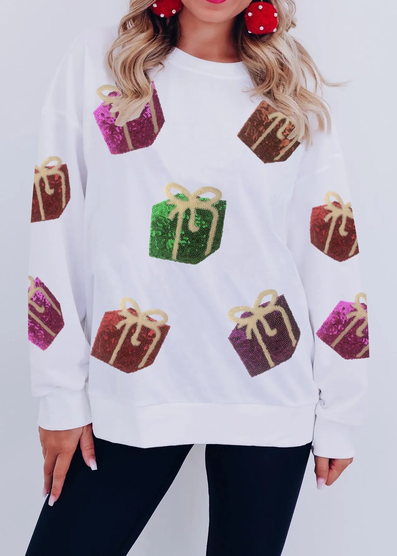 White Embroidered Sequins Cotton Sweatshirt Fall