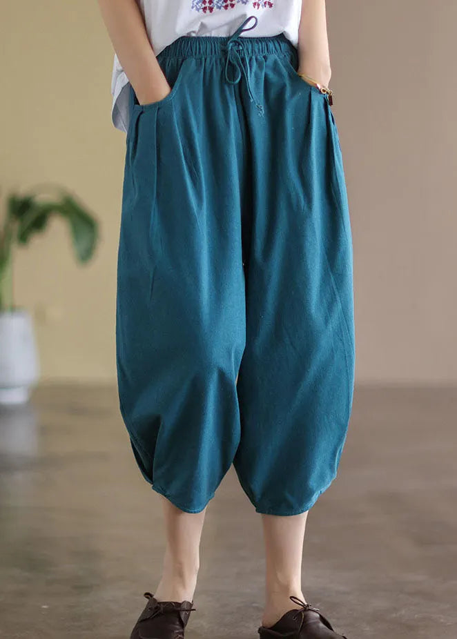Italian Blue Wrinkled Pockets Linen Crop Pants Summer