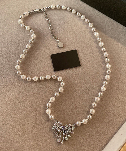 Handmade Light Pink Butterfly Zircon Pearl Adjustable Alloy Pendant Necklace