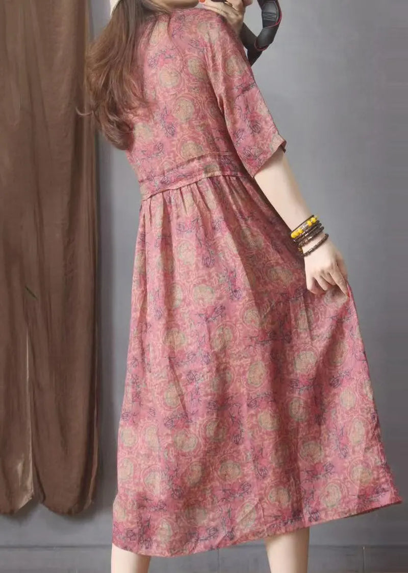 Organic Red Cinched Print Linen Dresses Summer
