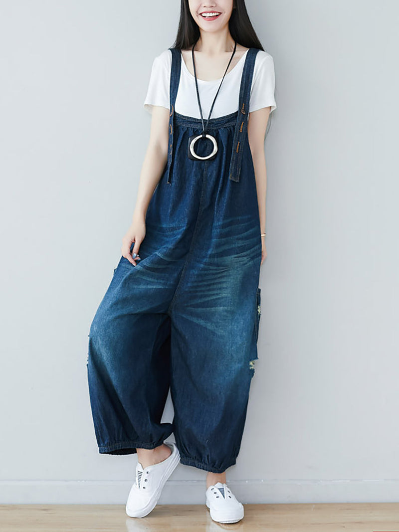 Summer Retro Frayed Washed Denim Jumpsuits