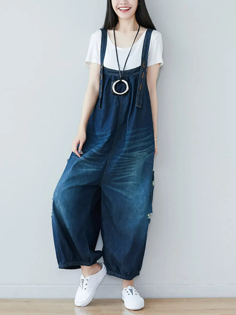 Summer Retro Frayed Washed Denim Jumpsuits