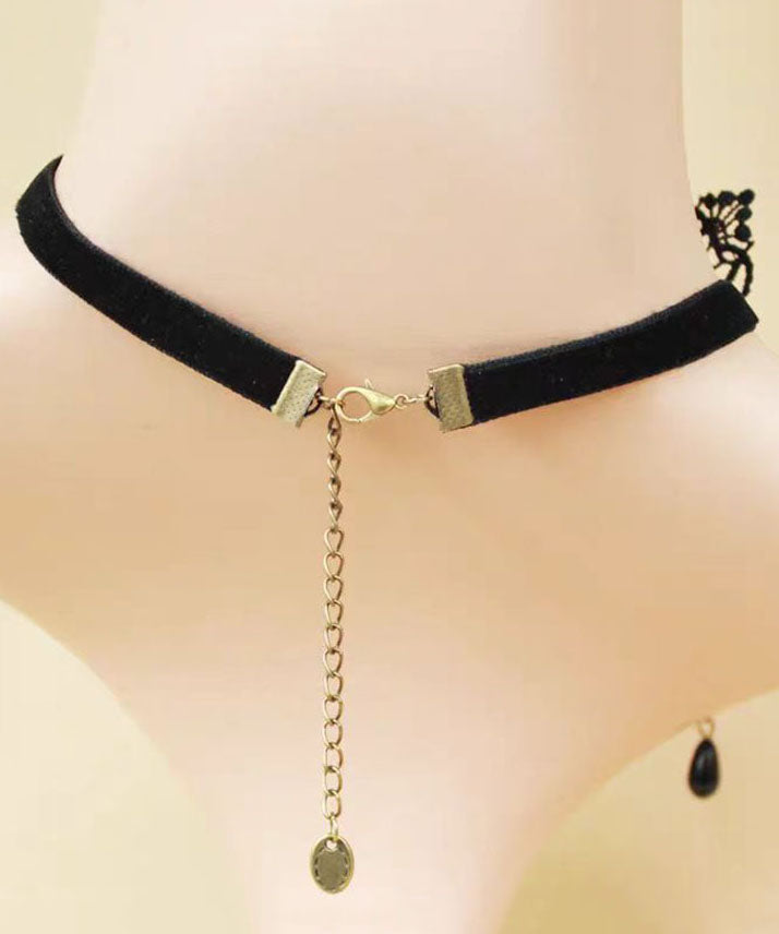 Black Copper Alloy Lace Butterfly Pearl Tassel Pendant Necklace