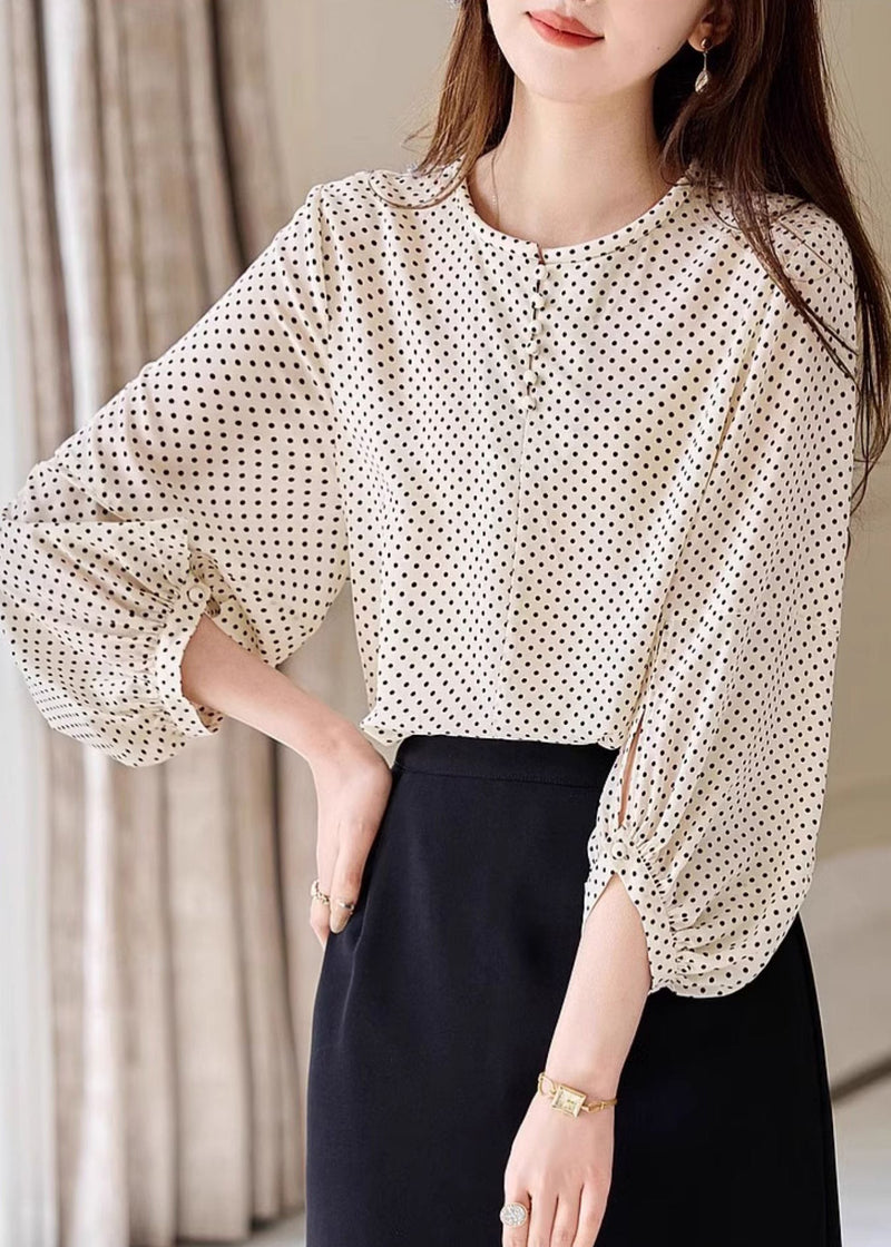 Apricot Dot Print Chiffon Top Long Sleeve