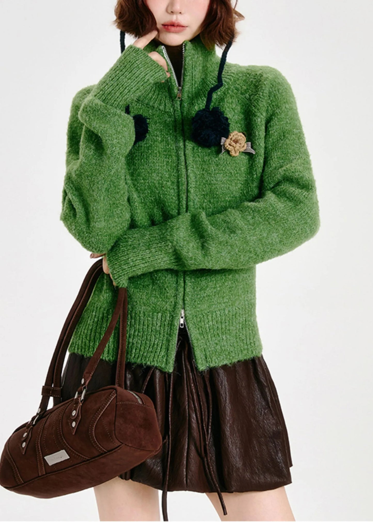 Modern Tea Green Zip Up Knit Cardigans Winter